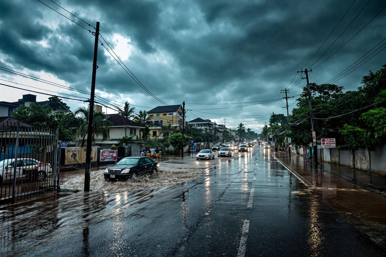 城市暴雨内涝中车辆被淹的紧急场景